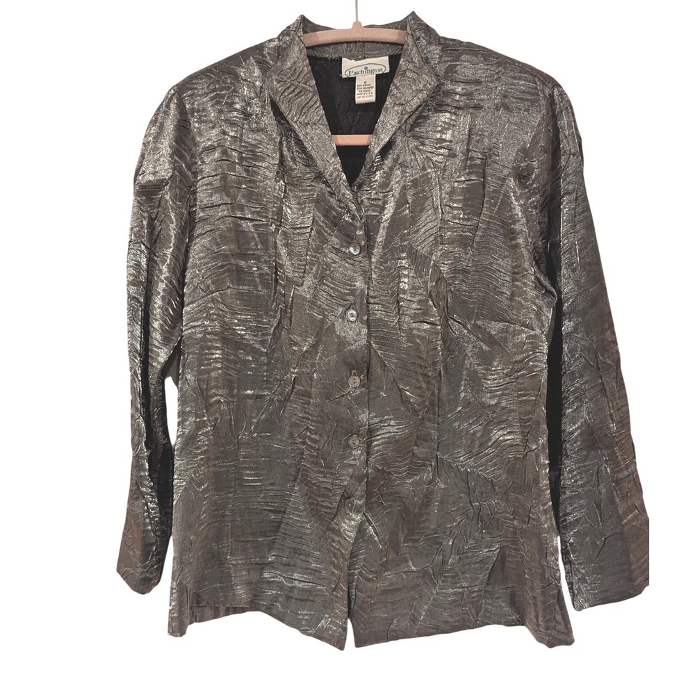 Patchington Metallic Silver Crinkle Blouse Long Sleeve Shoulder Pads Disco Glam